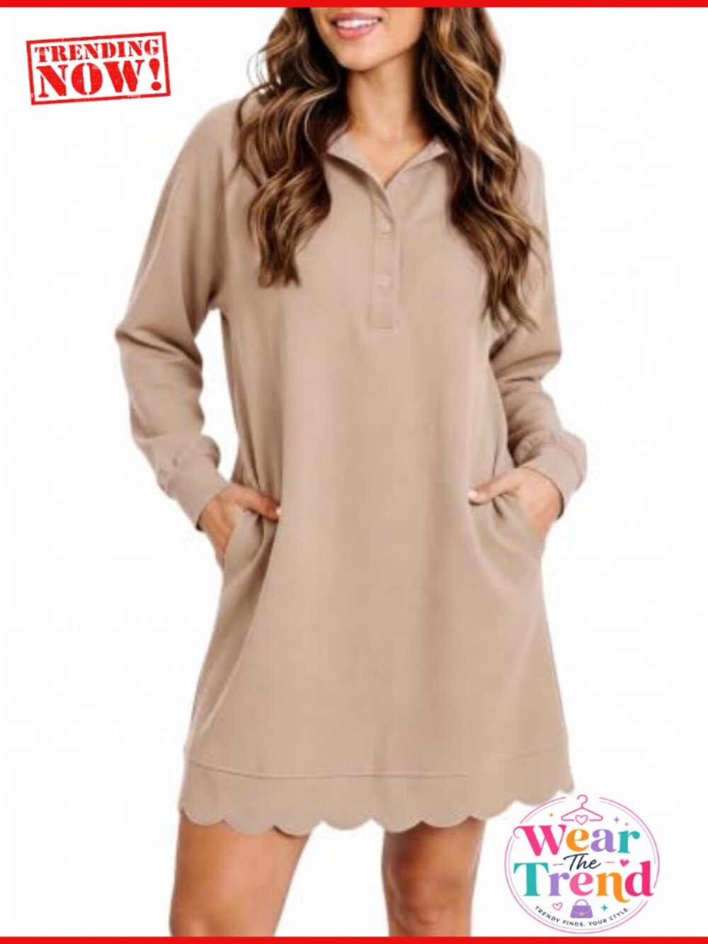 Oversized Long Sleeve V Neck Mini Dress with Pockets and Scalloped Hem